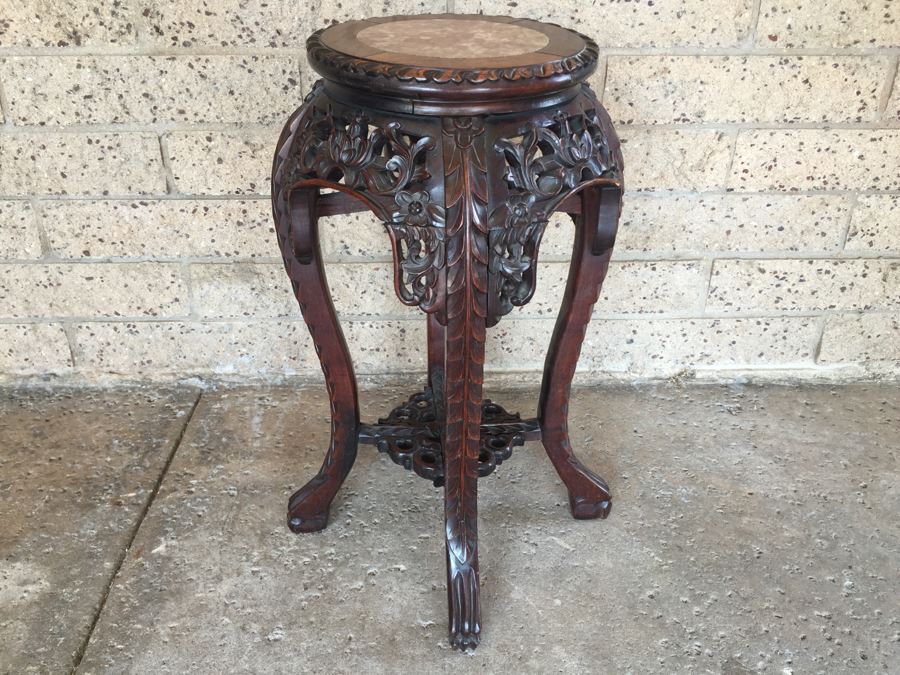 Beautiful Hand Carved Chinese Fern Stand With Marble Top [Photo 3]