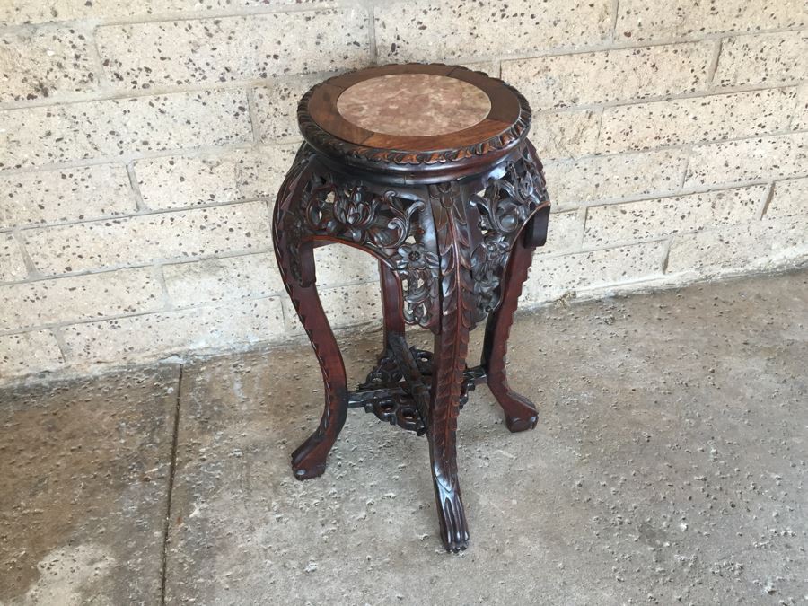 Beautiful Hand Carved Chinese Fern Stand With Marble Top [Photo 14]
