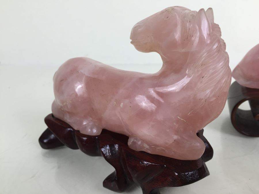 JUST ADDED - (2) Pink Rose Quartz Crystal Carved Horse And Bull With Stands [Photo 8]
