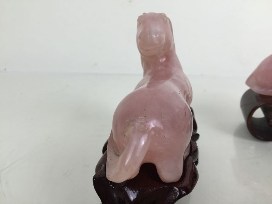 JUST ADDED - (2) Pink Rose Quartz Crystal Carved Horse And Bull With Stands [Photo 10]