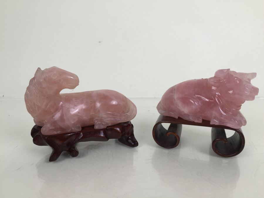 JUST ADDED - (2) Pink Rose Quartz Crystal Carved Horse And Bull With Stands