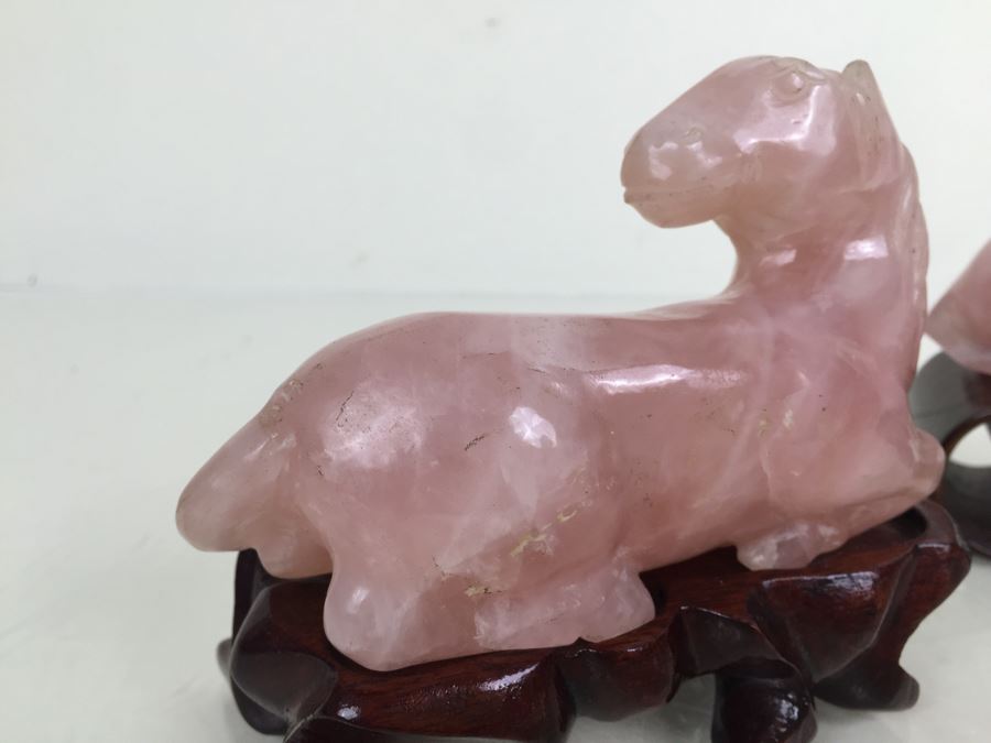 JUST ADDED - (2) Pink Rose Quartz Crystal Carved Horse And Bull With Stands [Photo 9]