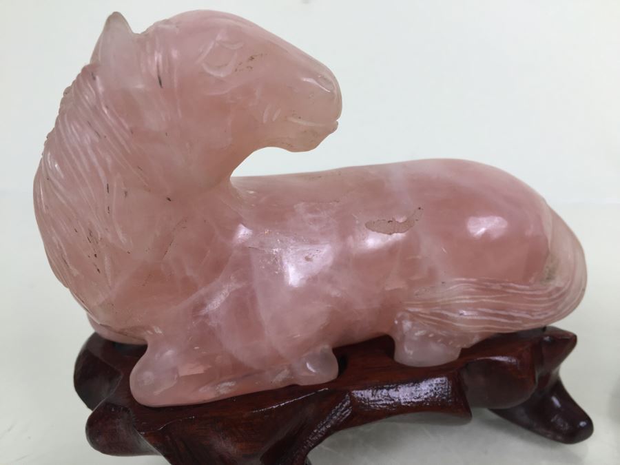 JUST ADDED - (2) Pink Rose Quartz Crystal Carved Horse And Bull With Stands [Photo 2]