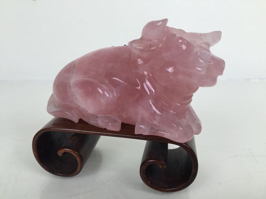 JUST ADDED - (2) Pink Rose Quartz Crystal Carved Horse And Bull With Stands [Photo 3]