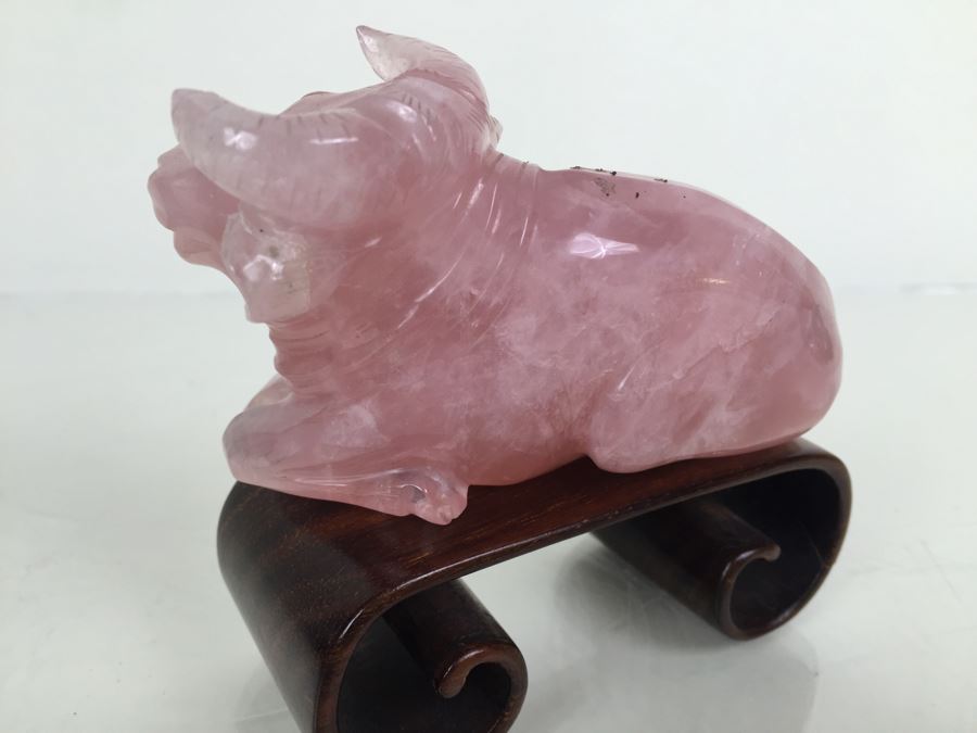 JUST ADDED - (2) Pink Rose Quartz Crystal Carved Horse And Bull With Stands [Photo 16]