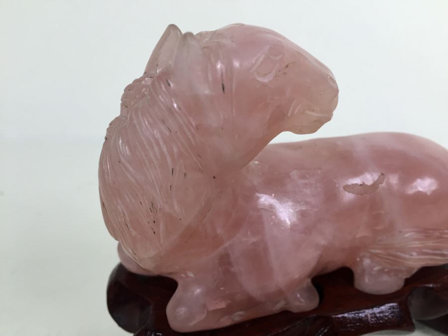 JUST ADDED - (2) Pink Rose Quartz Crystal Carved Horse And Bull With Stands [Photo 6]