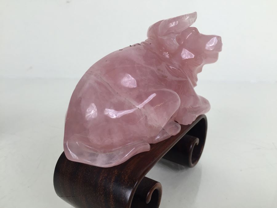 JUST ADDED - (2) Pink Rose Quartz Crystal Carved Horse And Bull With Stands [Photo 19]