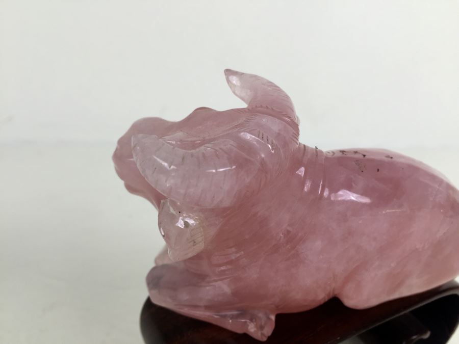 JUST ADDED - (2) Pink Rose Quartz Crystal Carved Horse And Bull With Stands [Photo 17]