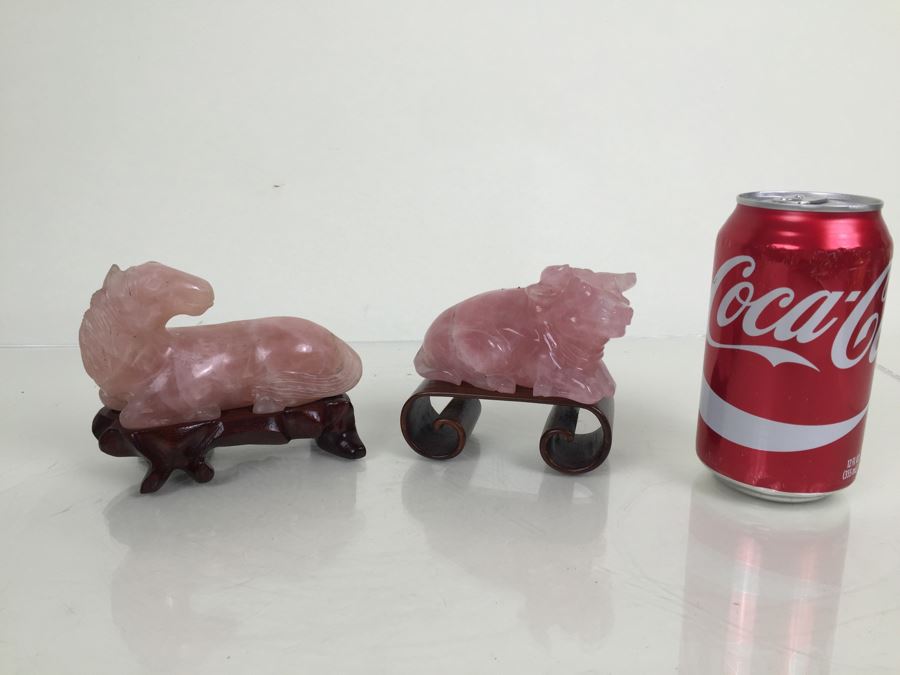 JUST ADDED - (2) Pink Rose Quartz Crystal Carved Horse And Bull With Stands [Photo 4]