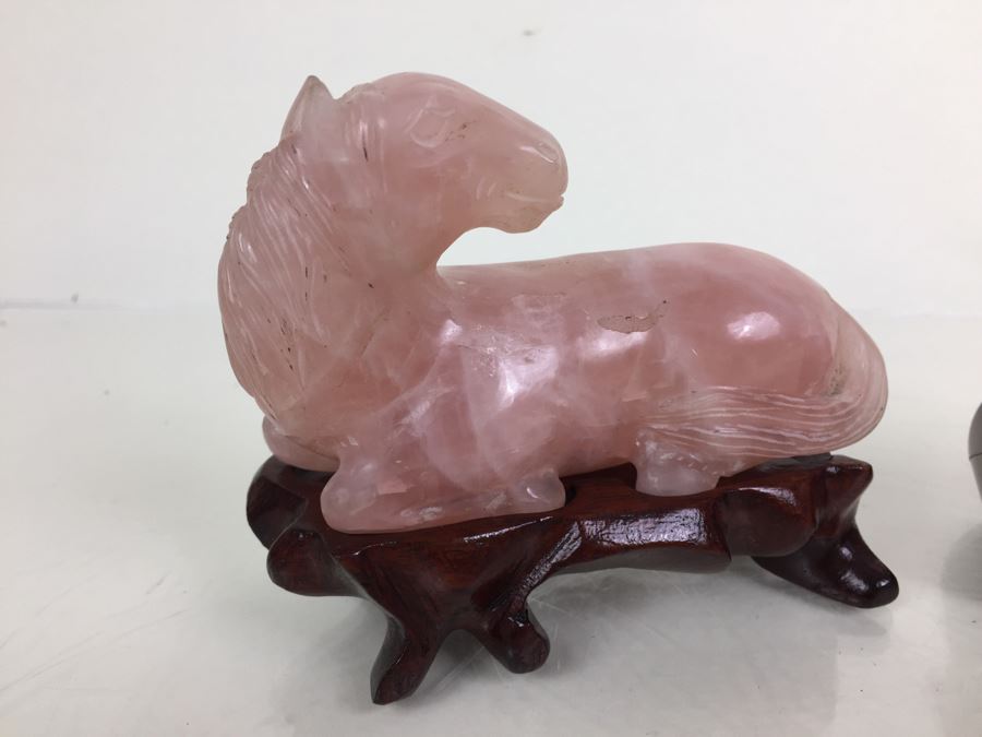 JUST ADDED - (2) Pink Rose Quartz Crystal Carved Horse And Bull With Stands [Photo 5]