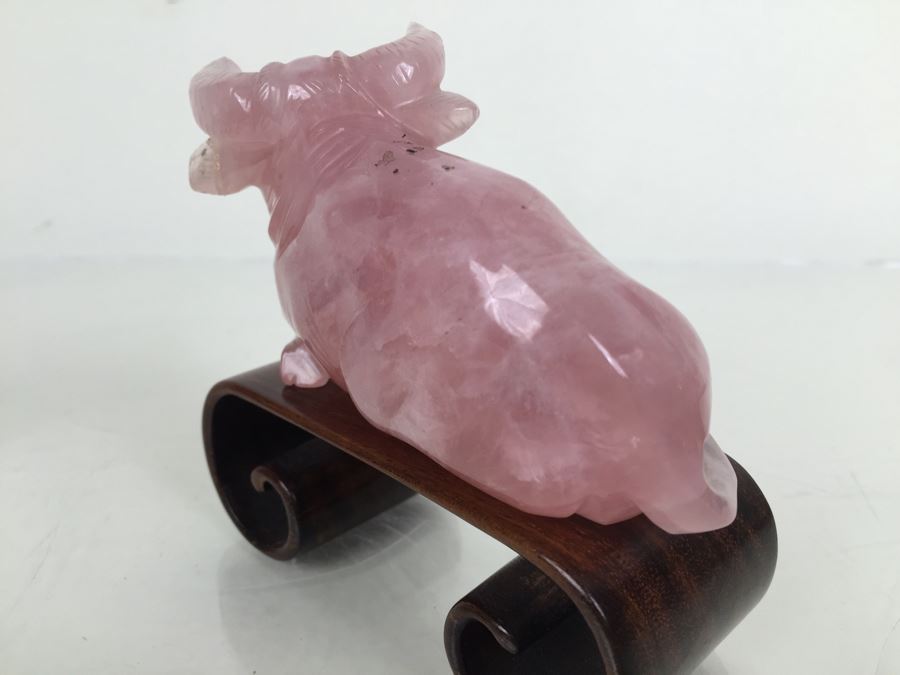 JUST ADDED - (2) Pink Rose Quartz Crystal Carved Horse And Bull With Stands [Photo 18]
