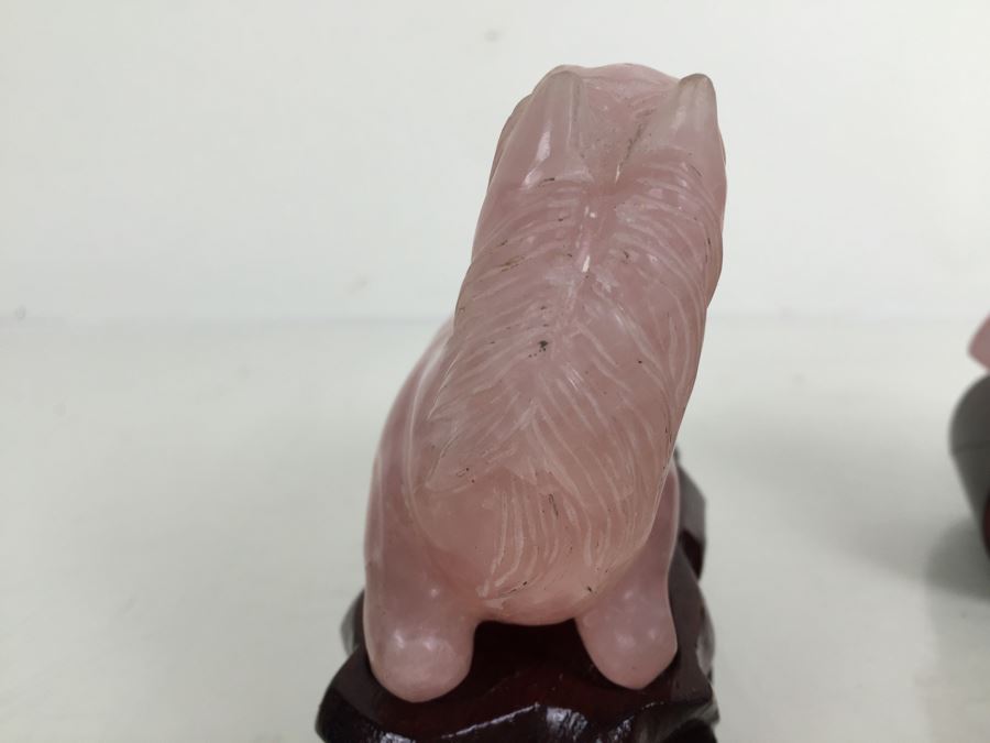 JUST ADDED - (2) Pink Rose Quartz Crystal Carved Horse And Bull With Stands [Photo 7]