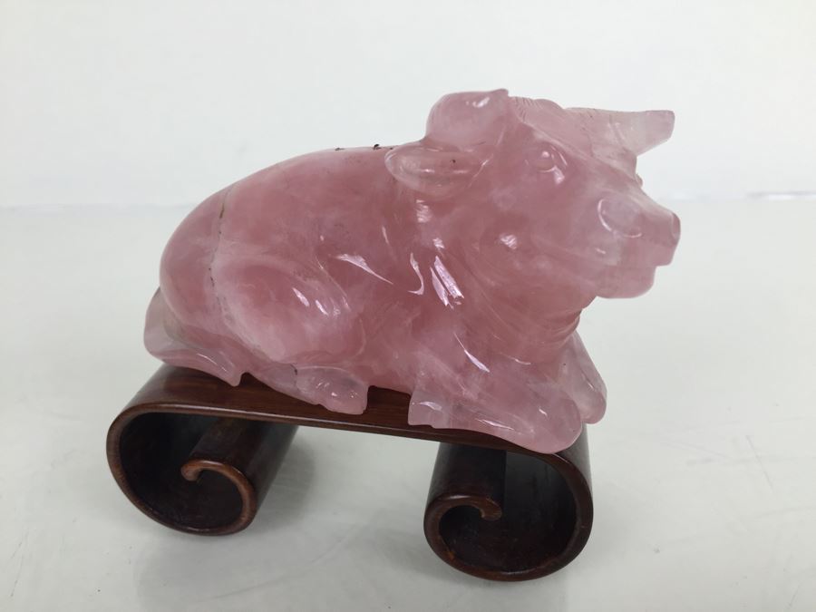 JUST ADDED - (2) Pink Rose Quartz Crystal Carved Horse And Bull With Stands [Photo 14]