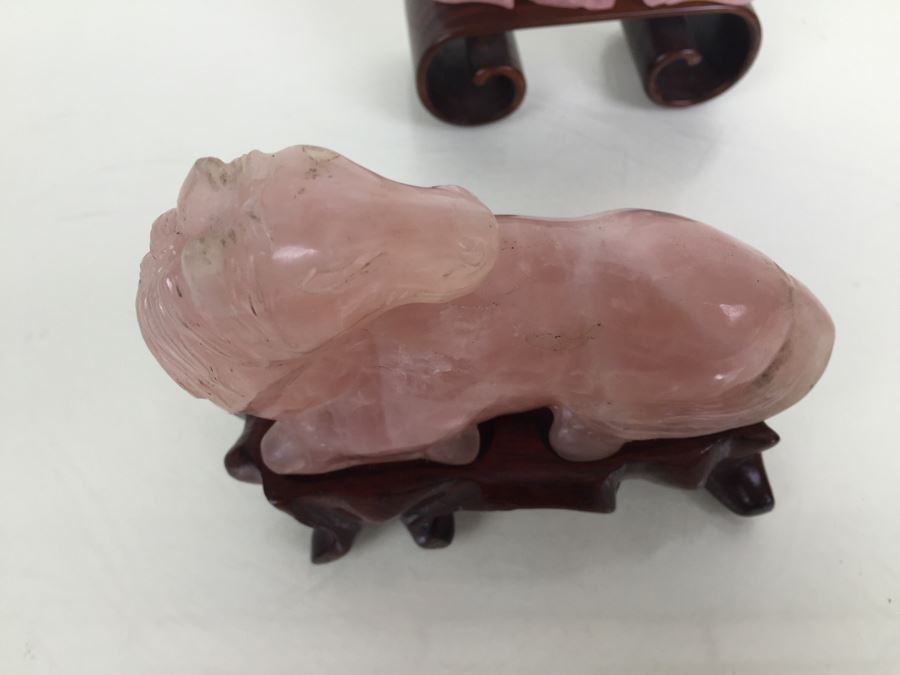 JUST ADDED - (2) Pink Rose Quartz Crystal Carved Horse And Bull With Stands [Photo 22]