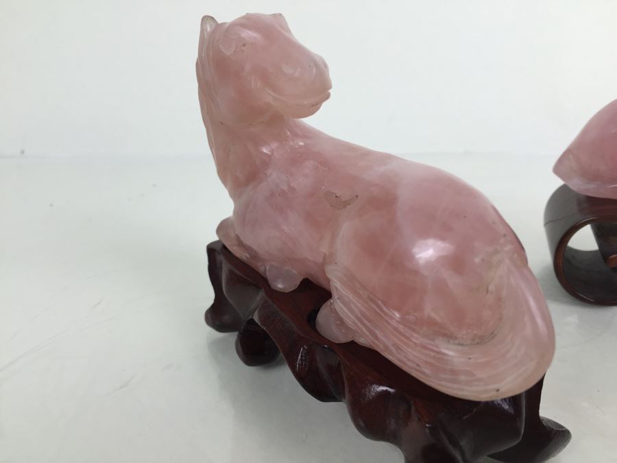 JUST ADDED - (2) Pink Rose Quartz Crystal Carved Horse And Bull With Stands [Photo 11]