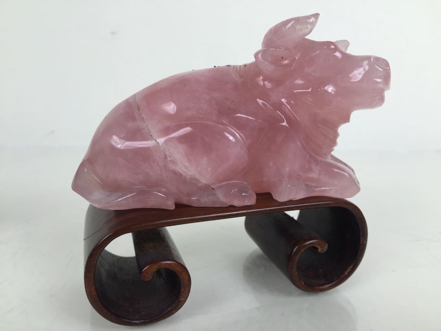 JUST ADDED - (2) Pink Rose Quartz Crystal Carved Horse And Bull With Stands [Photo 20]
