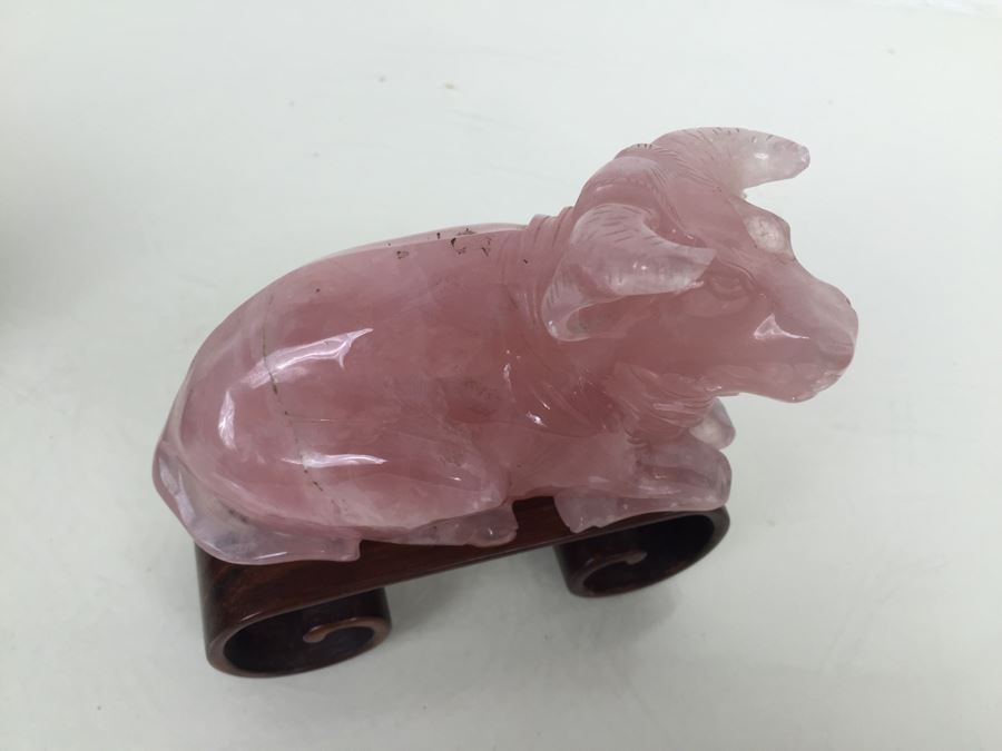 JUST ADDED - (2) Pink Rose Quartz Crystal Carved Horse And Bull With Stands [Photo 21]