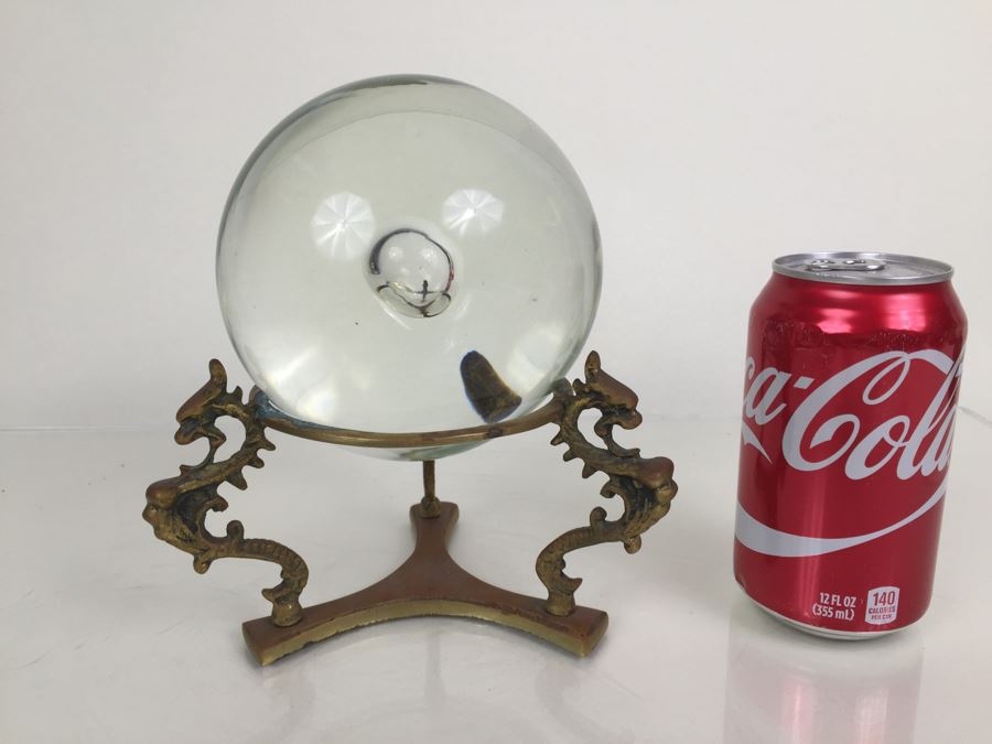 JUST ADDED - Crystal Ball With Large Bubble At Center Of Ball On Brass Dragon Stand