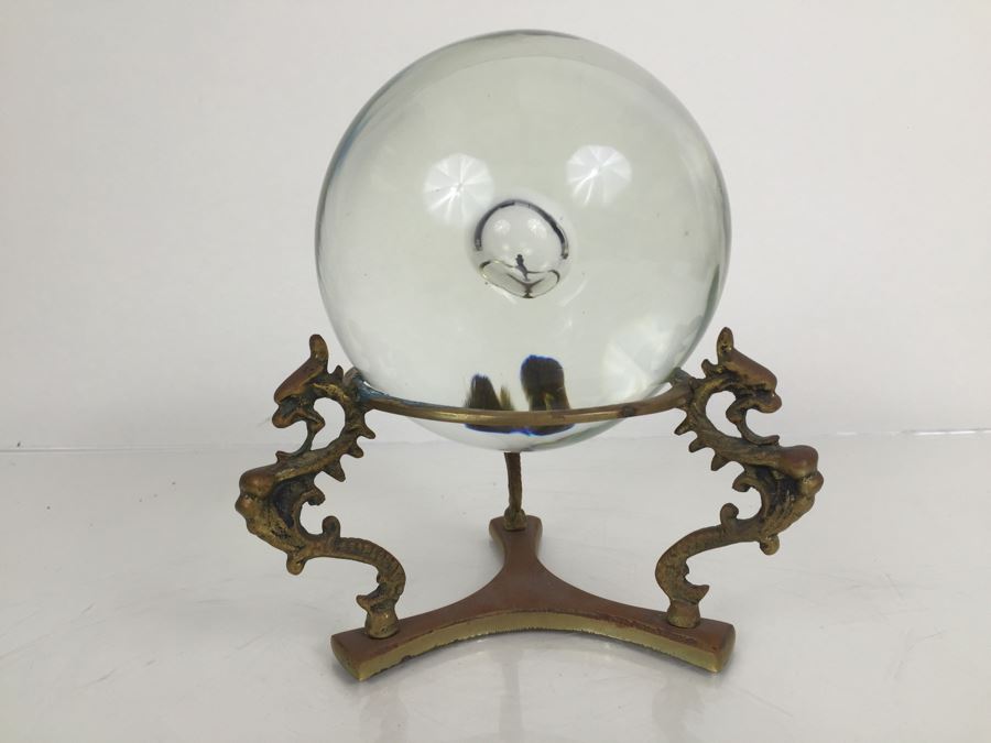JUST ADDED - Crystal Ball With Large Bubble At Center Of Ball On Brass Dragon Stand [Photo 4]