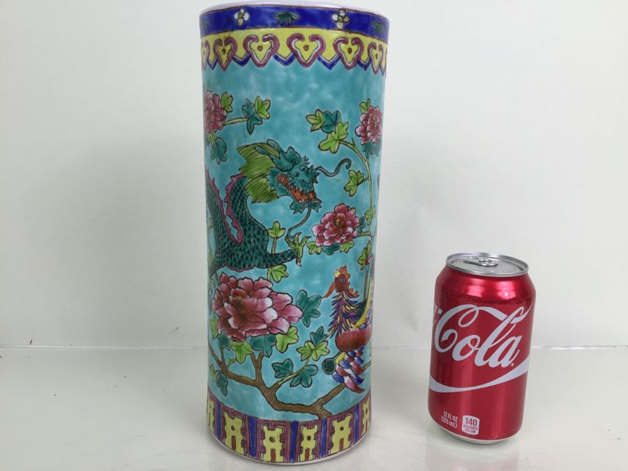 JUST ADDED - Tall Chinese Painted Vase Signed With Dragon