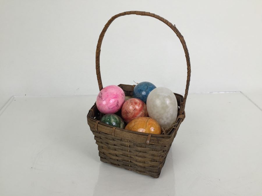 JUST ADDED - Vintage Alabaster Marble Brightly Colored Polished Eggs With Basket [Photo 1]