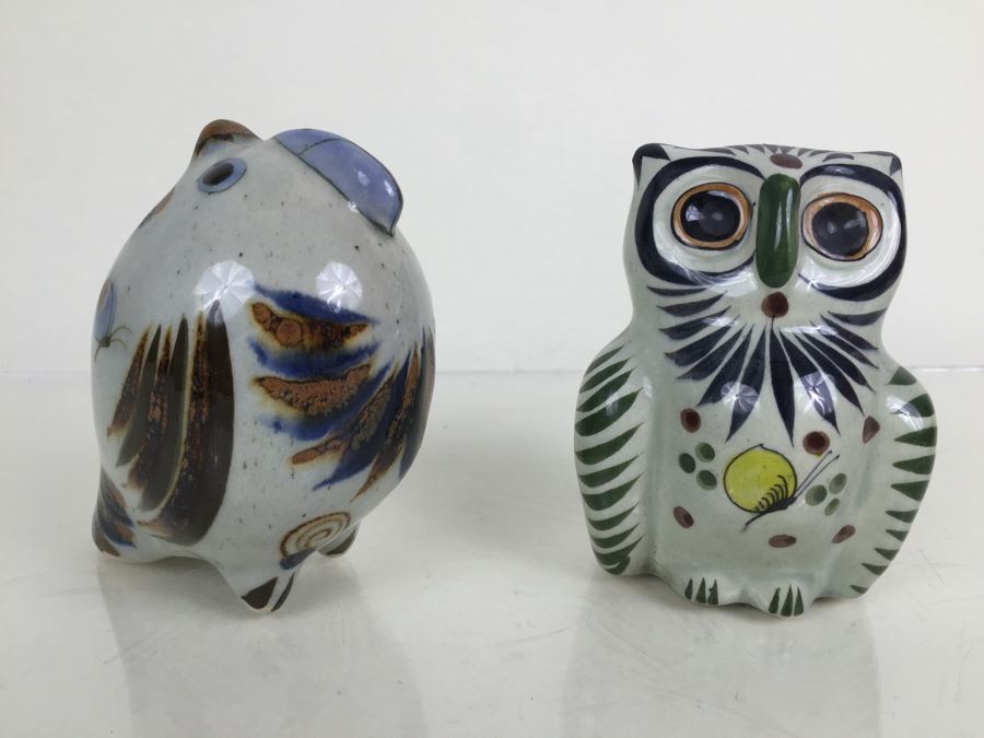 JUST ADDED - Hand Painted Mexican Pottery Owl And Bird