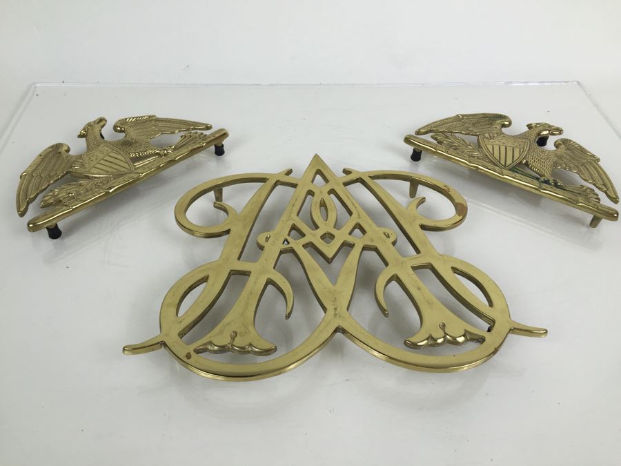 JUST ADDED - (3) Vintage Solid Brass Trivets Williamsburg 1950 And Pair Of Spread Eagles 1952