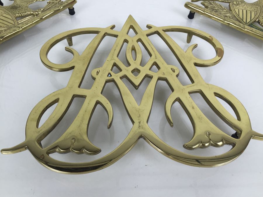 JUST ADDED - (3) Vintage Solid Brass Trivets Williamsburg 1950 And Pair Of Spread Eagles 1952 [Photo 2]