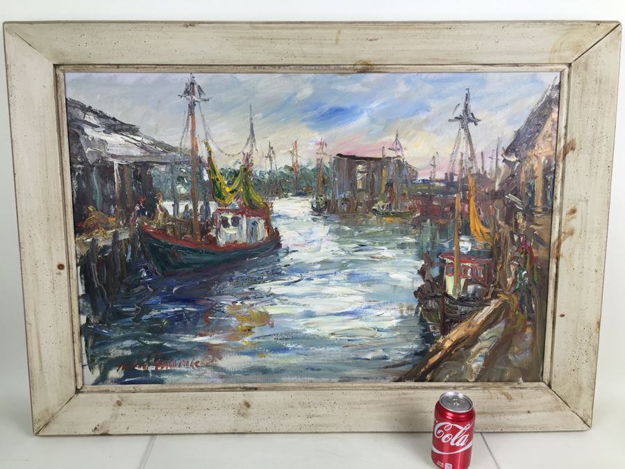 JUST ADDED - Stunning Large Original Oil On Canvas Painting Nautical Harbor Scene Signed Lower Left David Pallock (1906 - 1977) Listed Artist