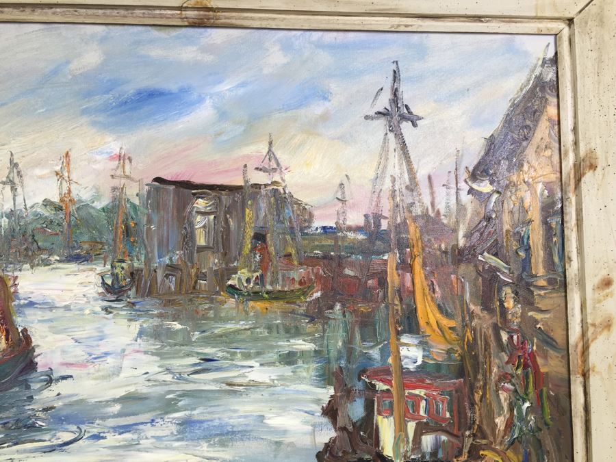 JUST ADDED - Stunning Large Original Oil On Canvas Painting Nautical Harbor Scene Signed Lower Left David Pallock (1906 - 1977) Listed Artist [Photo 7]