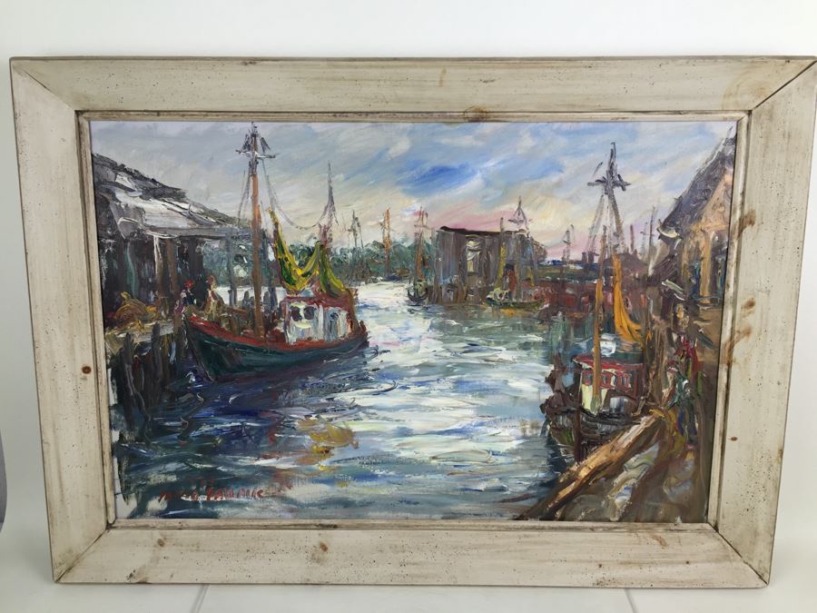 JUST ADDED - Stunning Large Original Oil On Canvas Painting Nautical Harbor Scene Signed Lower Left David Pallock (1906 - 1977) Listed Artist [Photo 4]