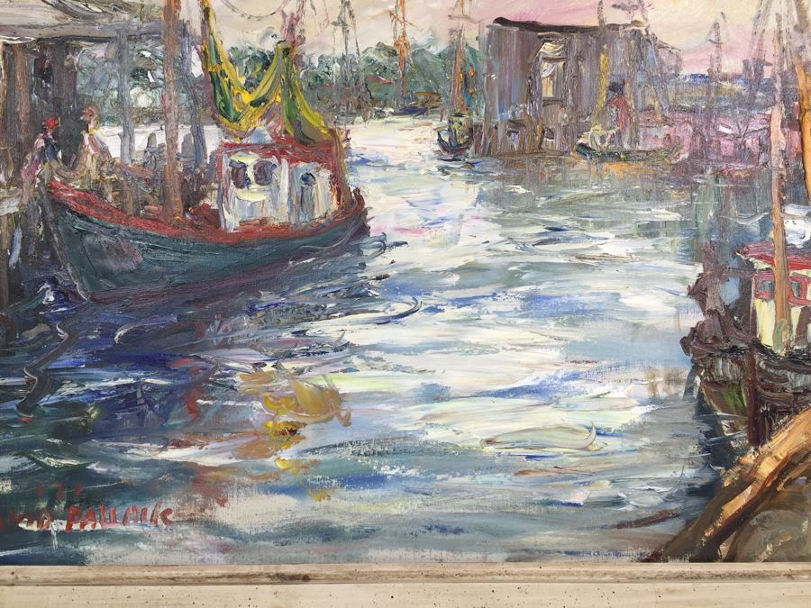 JUST ADDED - Stunning Large Original Oil On Canvas Painting Nautical Harbor Scene Signed Lower Left David Pallock (1906 - 1977) Listed Artist [Photo 9]