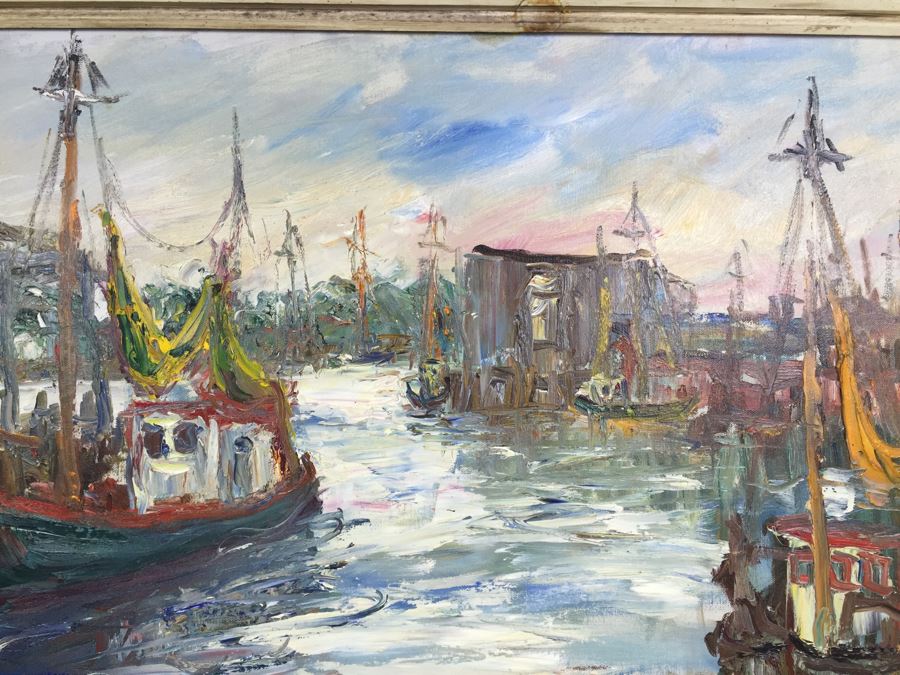 JUST ADDED - Stunning Large Original Oil On Canvas Painting Nautical Harbor Scene Signed Lower Left David Pallock (1906 - 1977) Listed Artist [Photo 6]