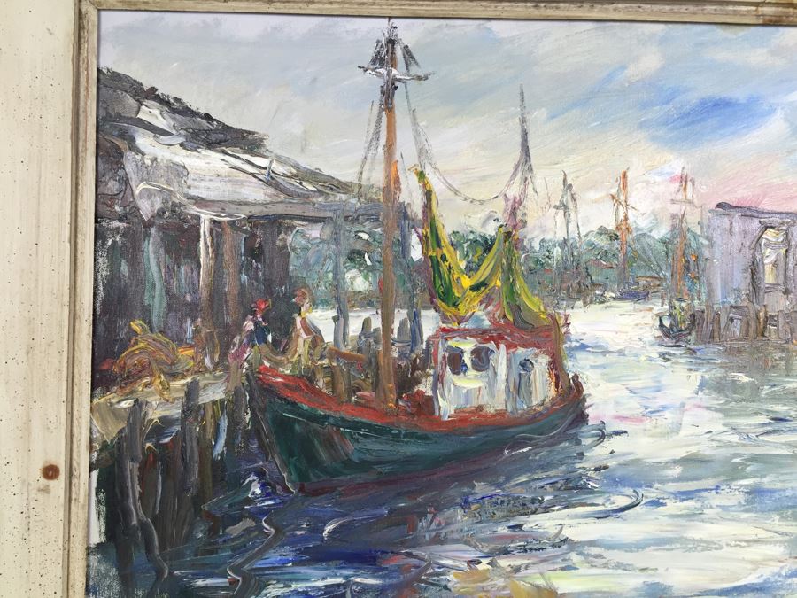 JUST ADDED - Stunning Large Original Oil On Canvas Painting Nautical Harbor Scene Signed Lower Left David Pallock (1906 - 1977) Listed Artist [Photo 2]