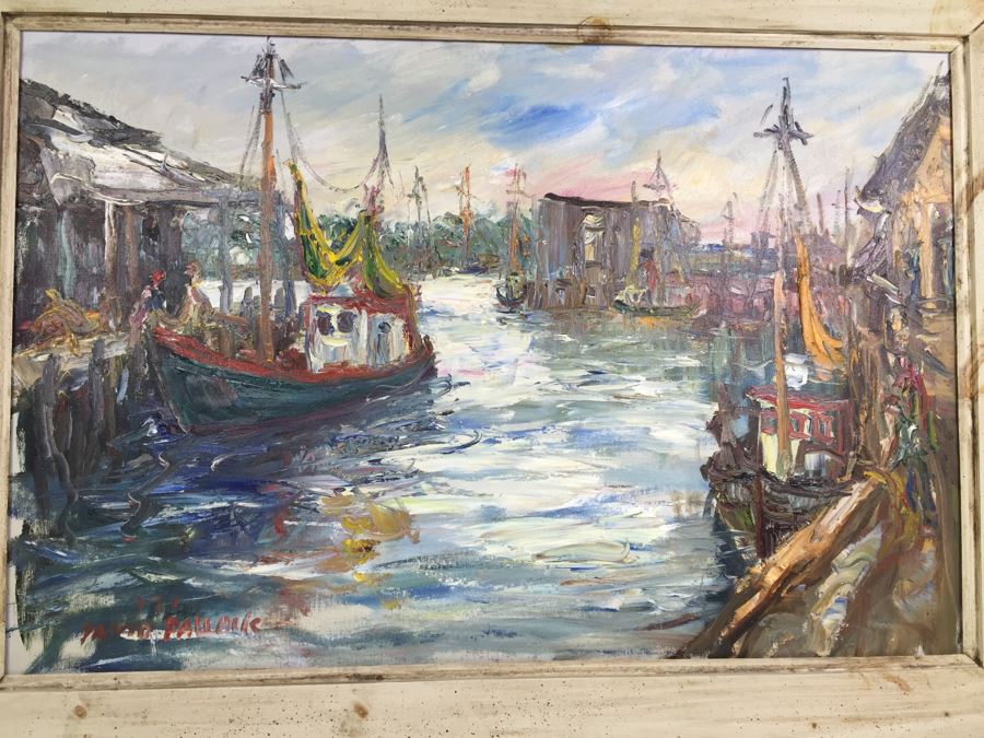 JUST ADDED - Stunning Large Original Oil On Canvas Painting Nautical Harbor Scene Signed Lower Left David Pallock (1906 - 1977) Listed Artist [Photo 11]