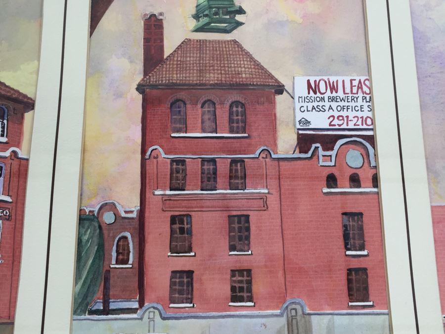 JUST ADDED - Original 3-Panel Watercolor Showing Renovation Of Mission Brewery Plaza Building In San Diego Signed By Barbara Siegal 1989 [Photo 7]