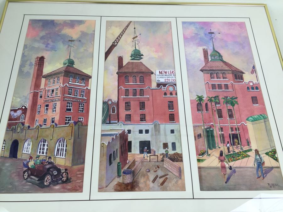 JUST ADDED - Original 3-Panel Watercolor Showing Renovation Of Mission Brewery Plaza Building In San Diego Signed By Barbara Siegal 1989