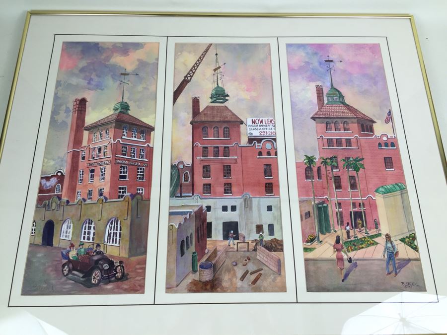 JUST ADDED - Original 3-Panel Watercolor Showing Renovation Of Mission Brewery Plaza Building In San Diego Signed By Barbara Siegal 1989 [Photo 4]