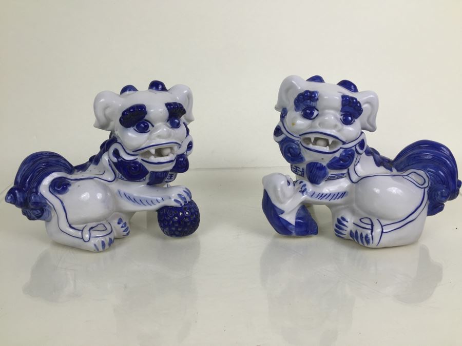 JUST ADDED - Pair Of Blue And White Foo Dogs