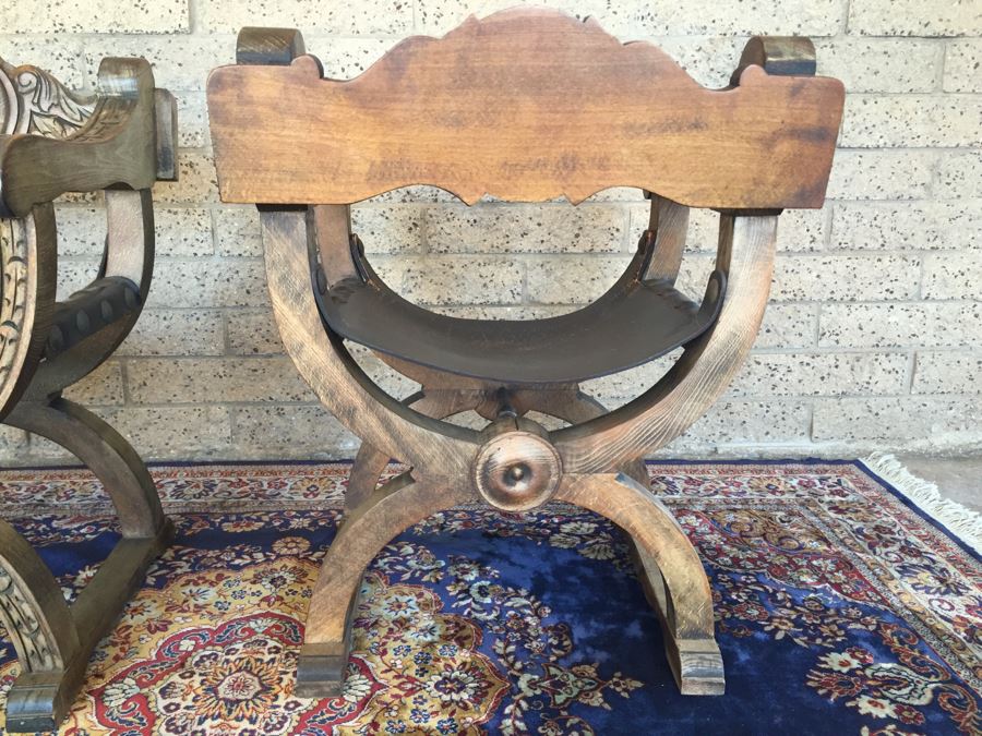 Pair Of Vintage Spanish Carved Wood Throne Chairs With Leather Seats [Photo 11]