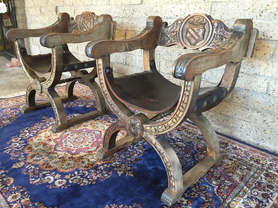 Pair Of Vintage Spanish Carved Wood Throne Chairs With Leather Seats [Photo 8]