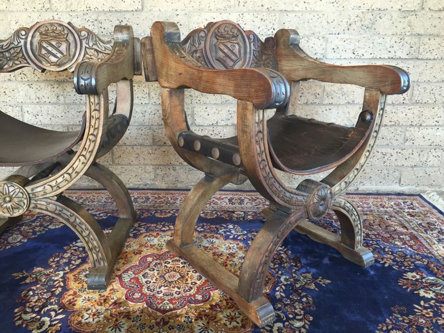 Pair Of Vintage Spanish Carved Wood Throne Chairs With Leather Seats [Photo 3]