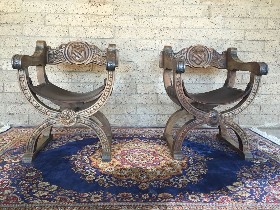Pair Of Vintage Spanish Carved Wood Throne Chairs With Leather Seats