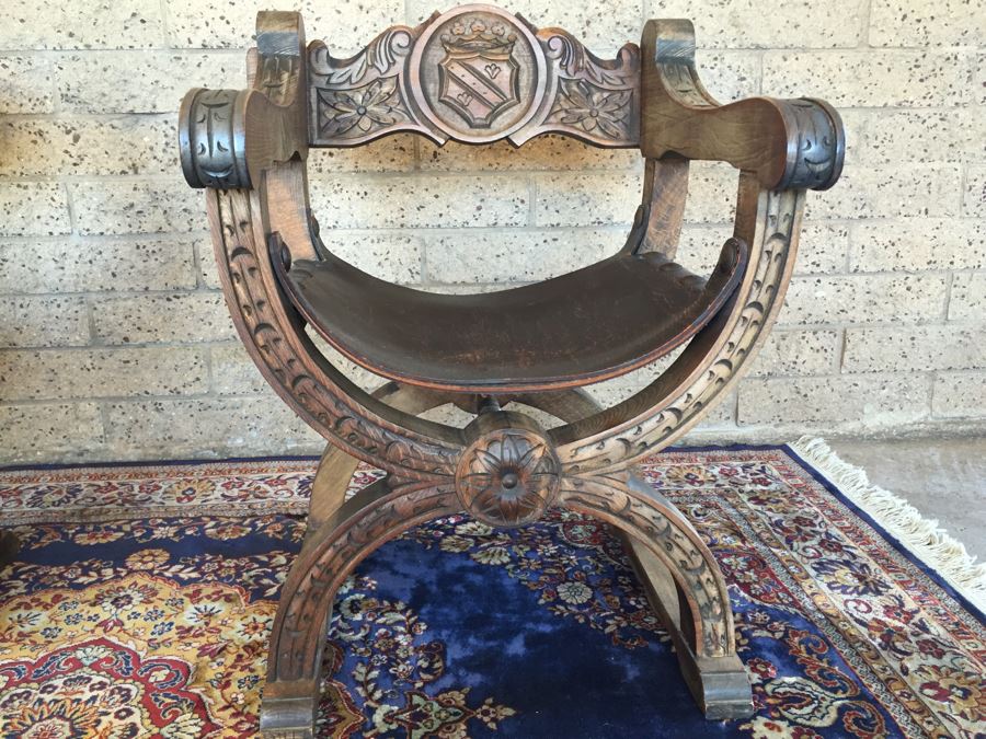 Pair Of Vintage Spanish Carved Wood Throne Chairs With Leather Seats [Photo 4]