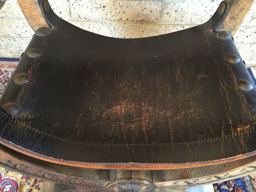 Pair Of Vintage Spanish Carved Wood Throne Chairs With Leather Seats [Photo 5]