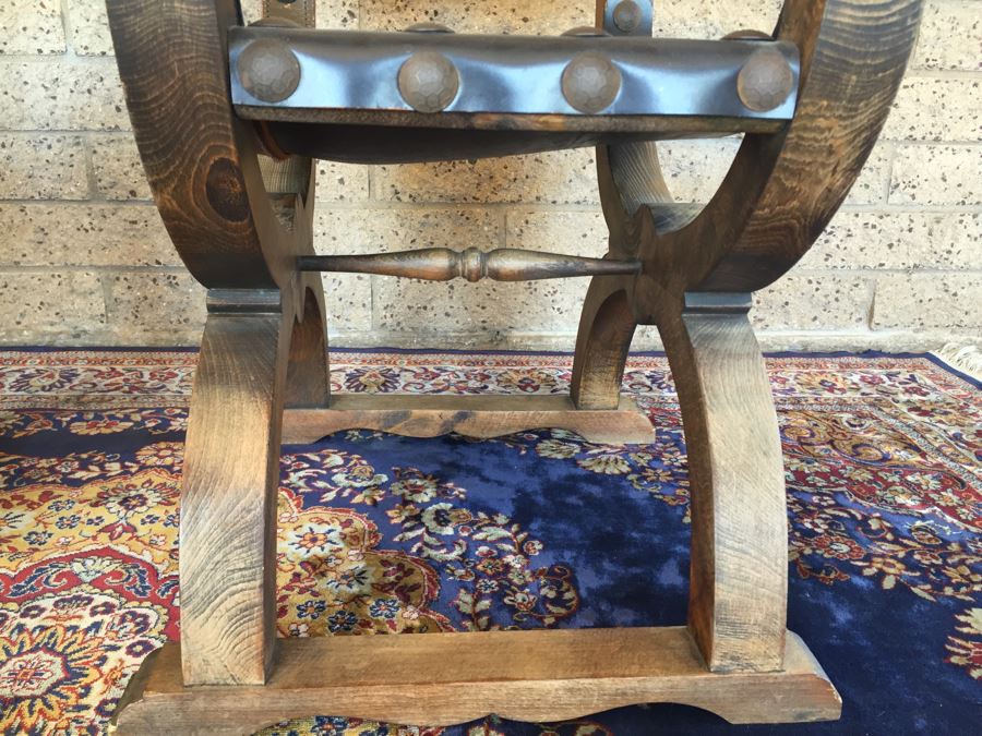 Pair Of Vintage Spanish Carved Wood Throne Chairs With Leather Seats [Photo 10]