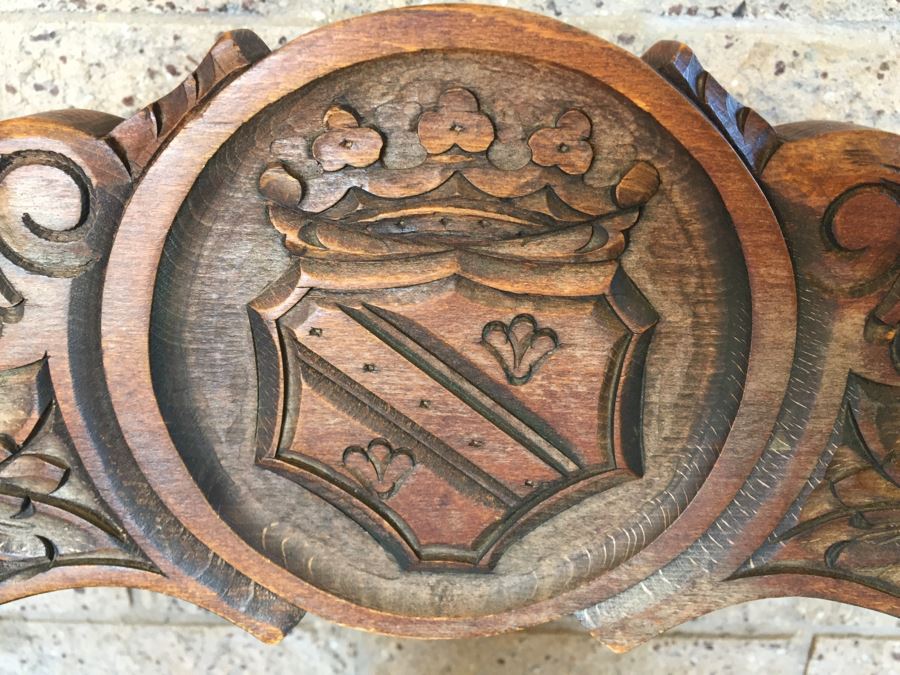 Pair Of Vintage Spanish Carved Wood Throne Chairs With Leather Seats [Photo 6]