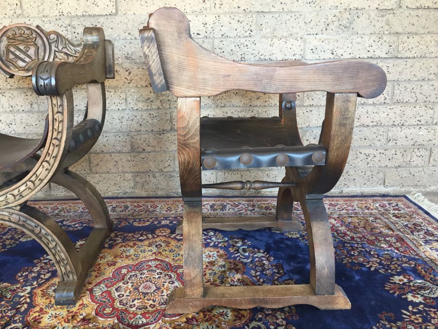 Pair Of Vintage Spanish Carved Wood Throne Chairs With Leather Seats [Photo 12]