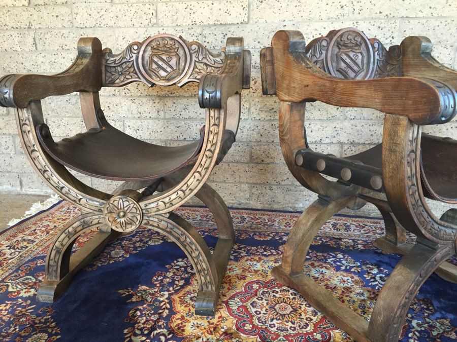 Pair Of Vintage Spanish Carved Wood Throne Chairs With Leather Seats [Photo 13]