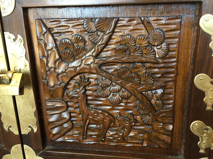 Pair Of Korean Carved Wooden Cabinets Nightstands With Brass Accents And Lock And Key [Photo 5]